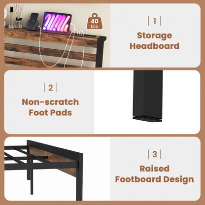 Rustic Brown Metal Platform Bed Frame with Storage Headboard and Built-in Charging Station - Twin Size