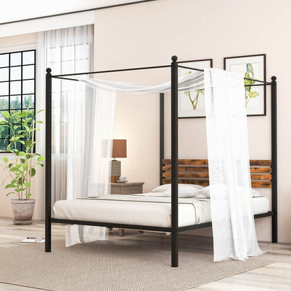 Rustic Canopy Bed Frame with Slatted Headboard and Under Bed Storage – Queen Size