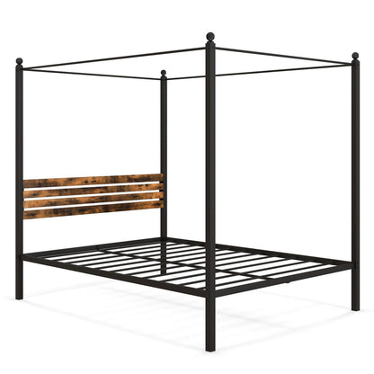 Rustic Canopy Bed Frame with Slatted Headboard and Under Bed Storage – Queen Size