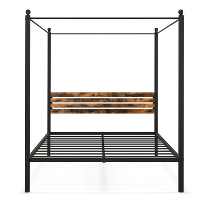 Rustic Canopy Bed Frame with Slatted Headboard and Under Bed Storage – Queen Size