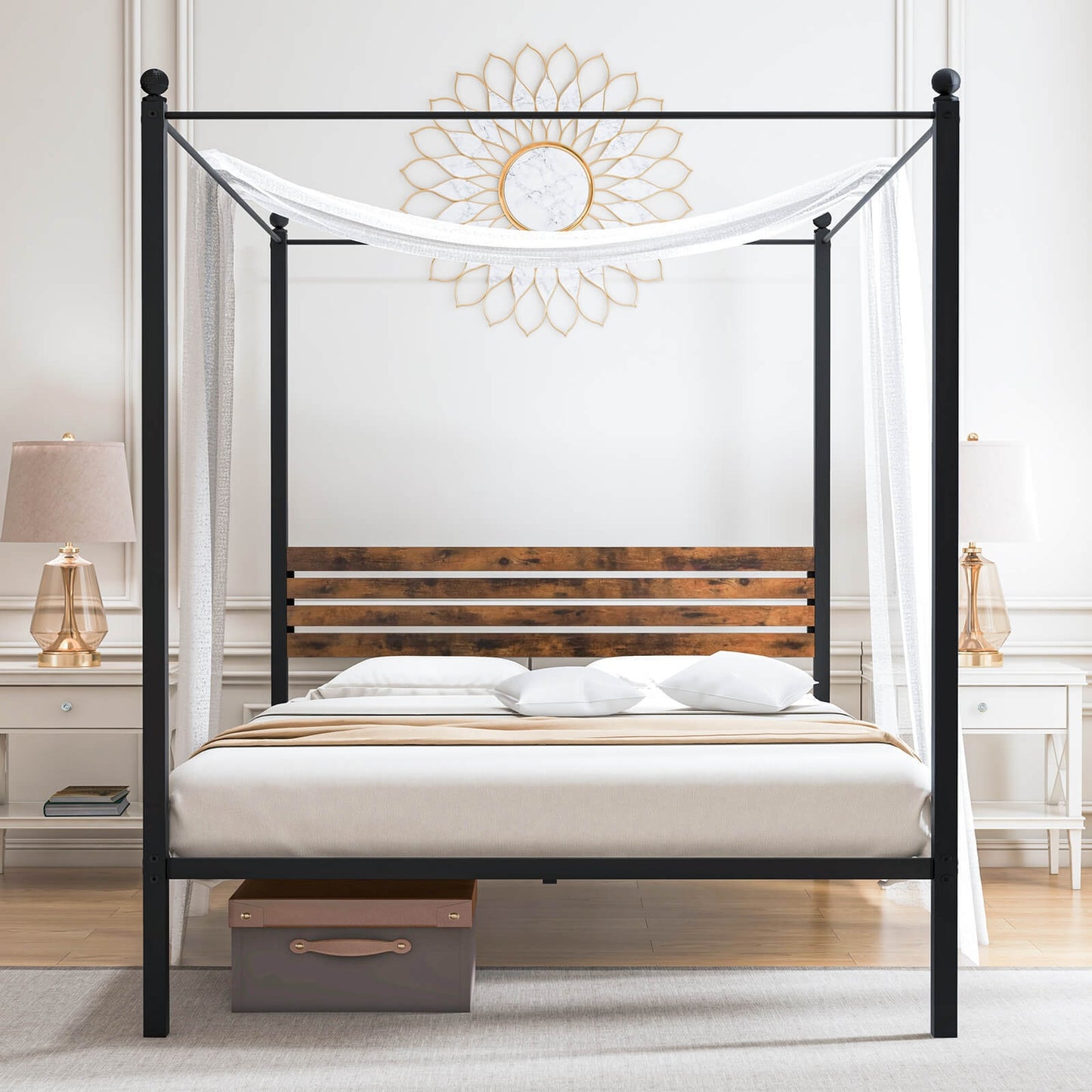 Rustic Canopy Bed Frame with Slatted Headboard and Under Bed Storage – Queen Size