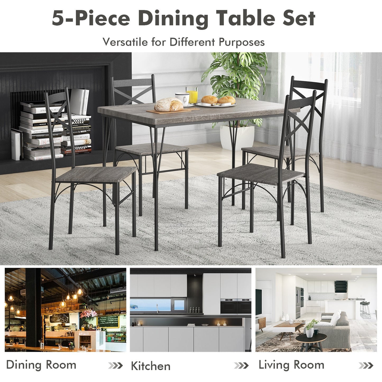 5 Piece Modern Dining Table Set with Metal Frame and Chairs for Kitchen or Dining Room