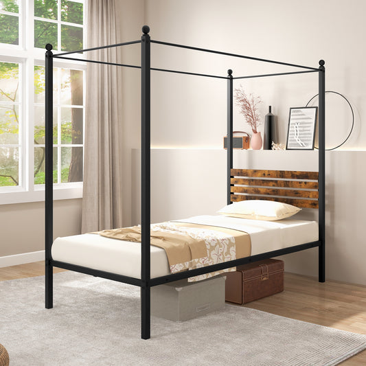 Rustic Canopy Bed Frame with Slatted Headboard and Under Bed Storage – Twin Size