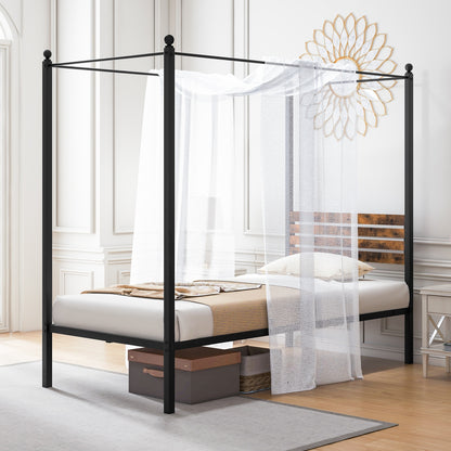 Rustic Canopy Bed Frame with Slatted Headboard and Under Bed Storage – Twin Size