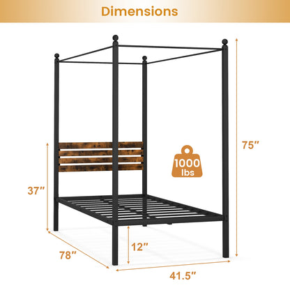Rustic Canopy Bed Frame with Slatted Headboard and Under Bed Storage – Twin Size