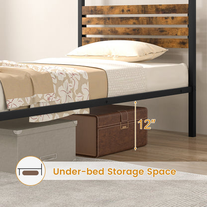 Rustic Canopy Bed Frame with Slatted Headboard and Under Bed Storage – Twin Size