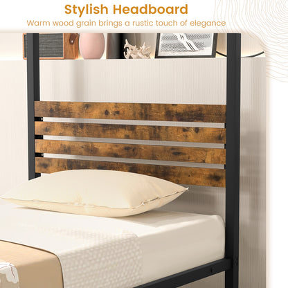 Rustic Canopy Bed Frame with Slatted Headboard and Under Bed Storage – Twin Size