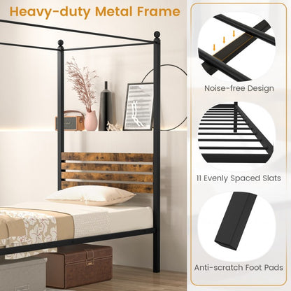 Rustic Canopy Bed Frame with Slatted Headboard and Under Bed Storage – Twin Size