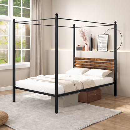 Rustic Canopy Bed Frame with Slatted Headboard and Under Bed Storage – Full Size