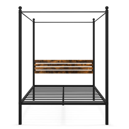 Rustic Canopy Bed Frame with Slatted Headboard and Under Bed Storage – Full Size