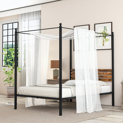 Rustic Canopy Bed Frame with Slatted Headboard and Under Bed Storage – Full Size