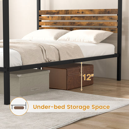 Rustic Canopy Bed Frame with Slatted Headboard and Under Bed Storage – Full Size
