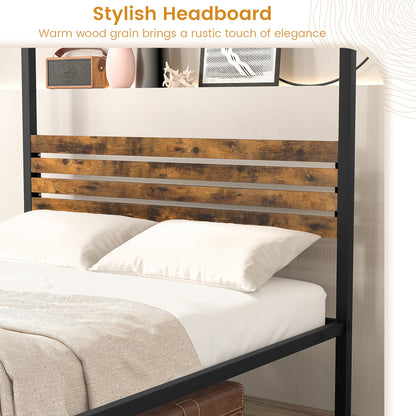 Rustic Canopy Bed Frame with Slatted Headboard and Under Bed Storage – Full Size