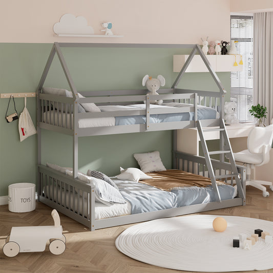 Adorable Twin Over Full House-Shaped Bunk Bed with Ladder and Safety Guardrails - Grey