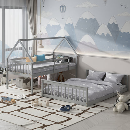 Adorable Twin Over Full House-Shaped Bunk Bed with Ladder and Safety Guardrails - Grey