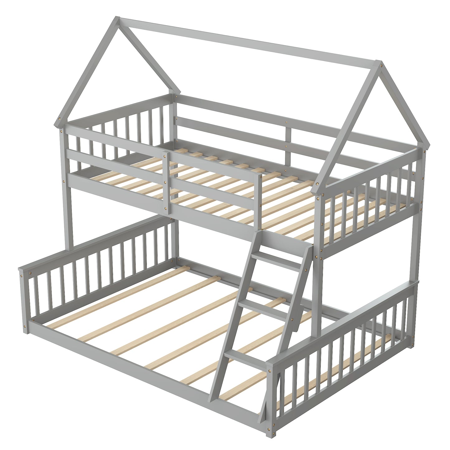 Adorable Twin Over Full House-Shaped Bunk Bed with Ladder and Safety Guardrails - Grey