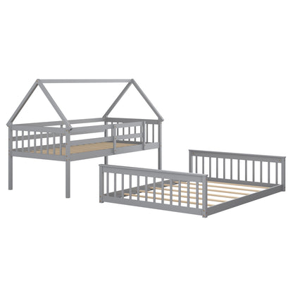 Adorable Twin Over Full House-Shaped Bunk Bed with Ladder and Safety Guardrails - Grey