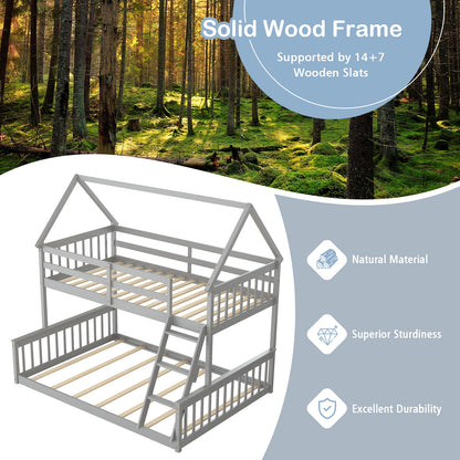 Adorable Twin Over Full House-Shaped Bunk Bed with Ladder and Safety Guardrails - Grey