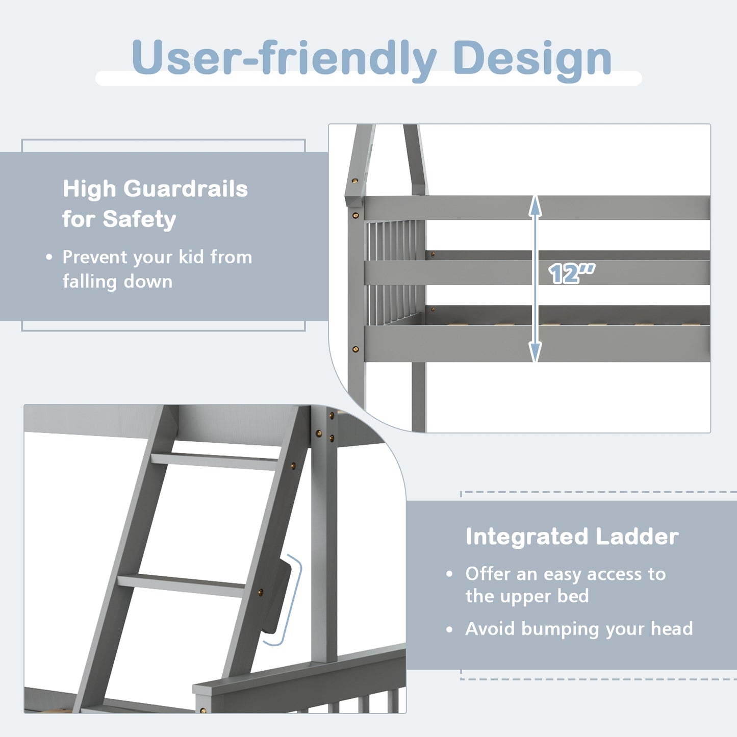 Adorable Twin Over Full House-Shaped Bunk Bed with Ladder and Safety Guardrails - Grey