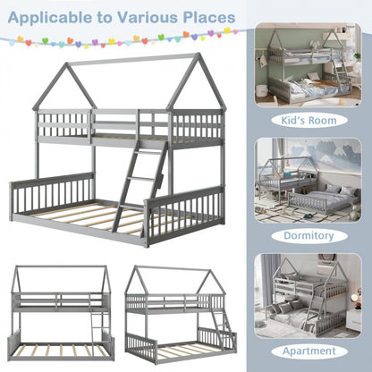 Adorable Twin Over Full House-Shaped Bunk Bed with Ladder and Safety Guardrails - Grey