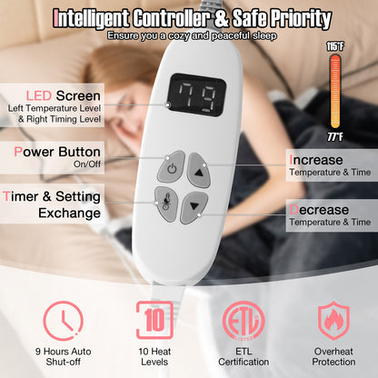 Reversible Electric Heated Blanket Throw with 10 Heat Settings & Auto Shut-Off - Grey