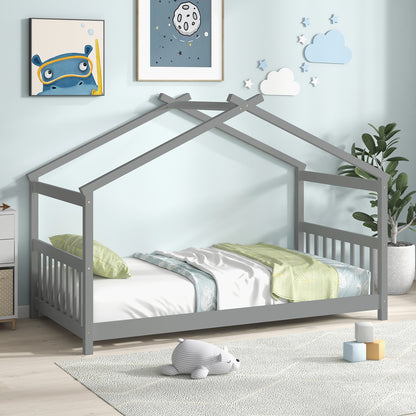 Twin Size Wooden House Bed with Roof and Playful Design for Kids – Grey