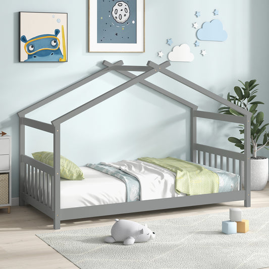 Twin Size Wooden House Bed with Roof and Playful Design for Kids – Grey