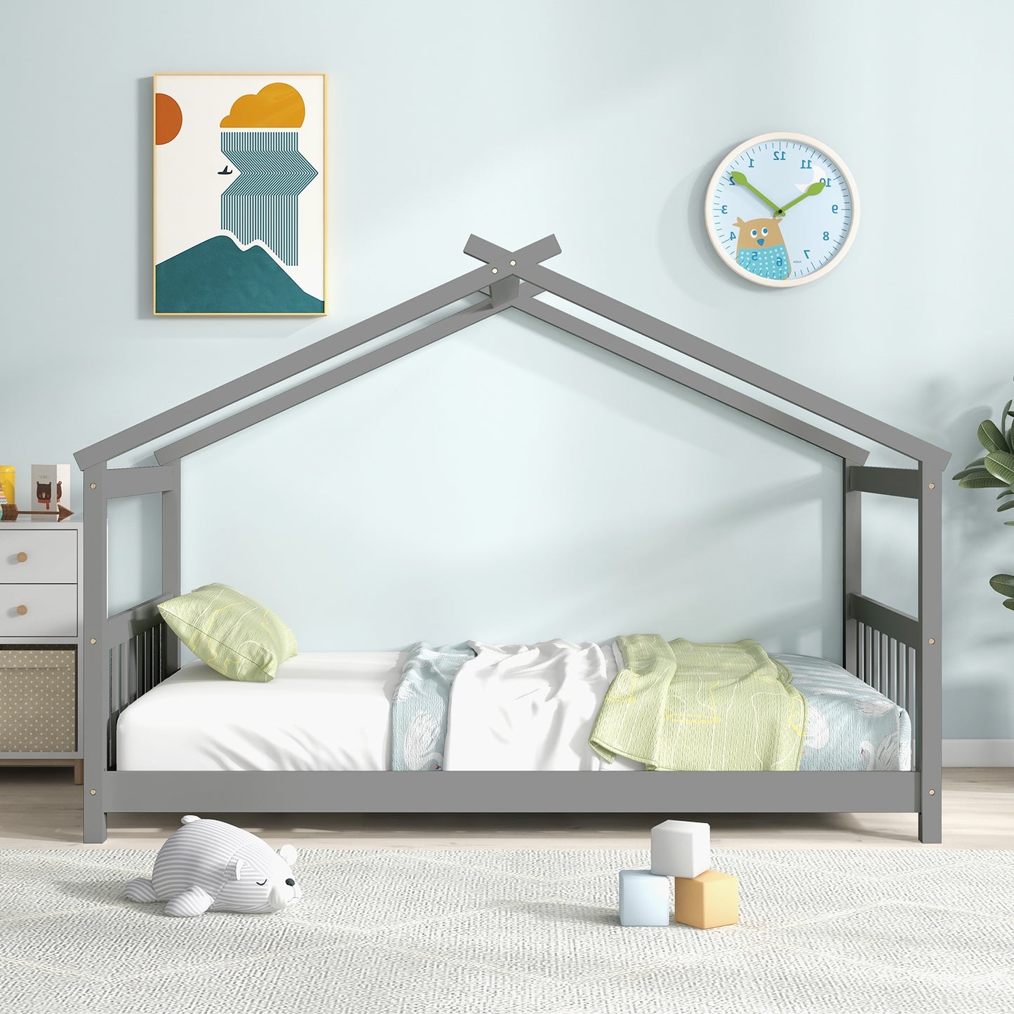 Twin Size Wooden House Bed with Roof and Playful Design for Kids – Grey