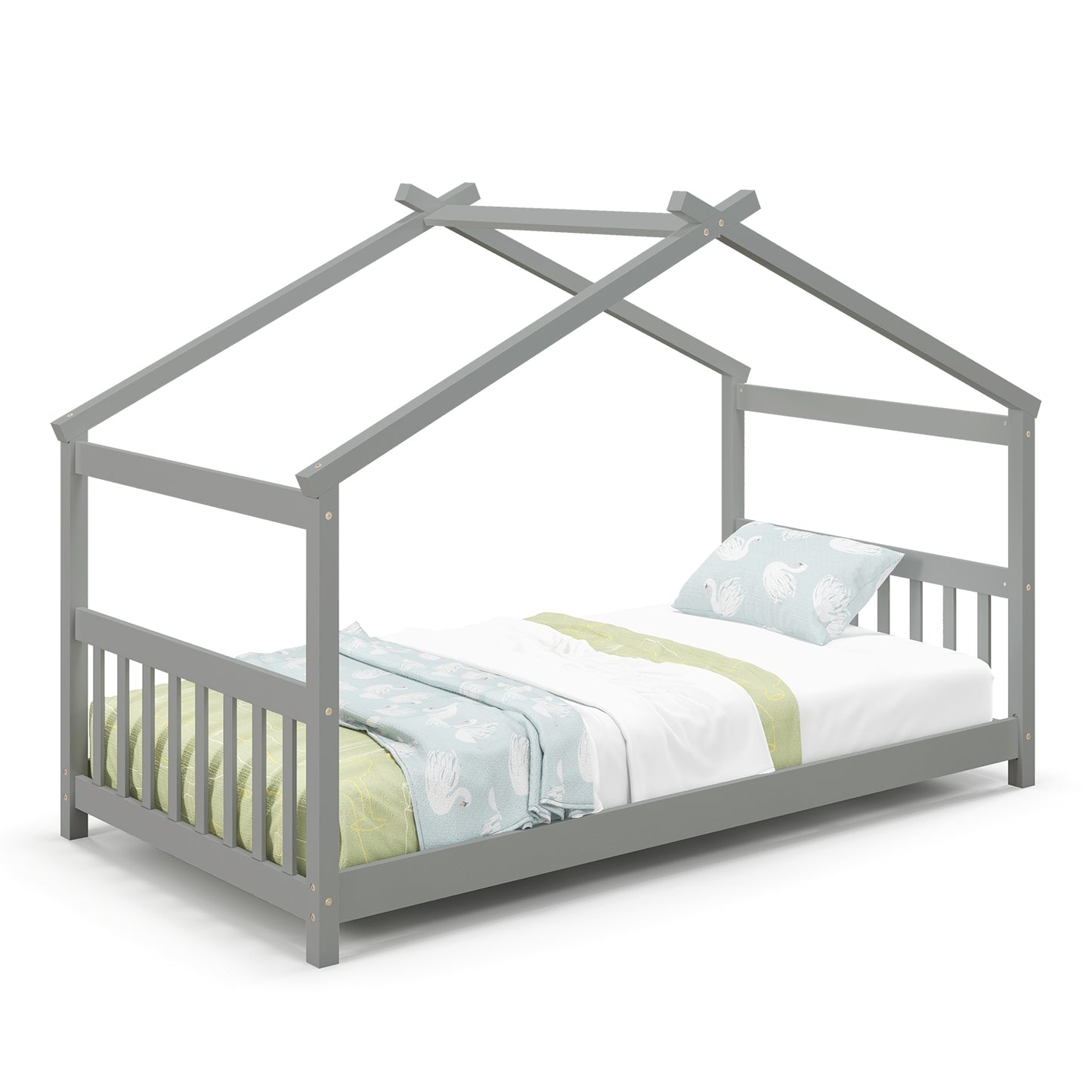 Twin Size Wooden House Bed with Roof and Playful Design for Kids – Grey