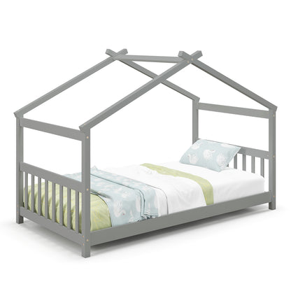 Twin Size Wooden House Bed with Roof and Playful Design for Kids – Grey