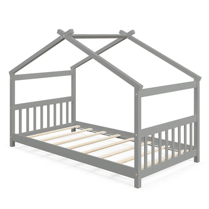 Twin Size Wooden House Bed with Roof and Playful Design for Kids – Grey