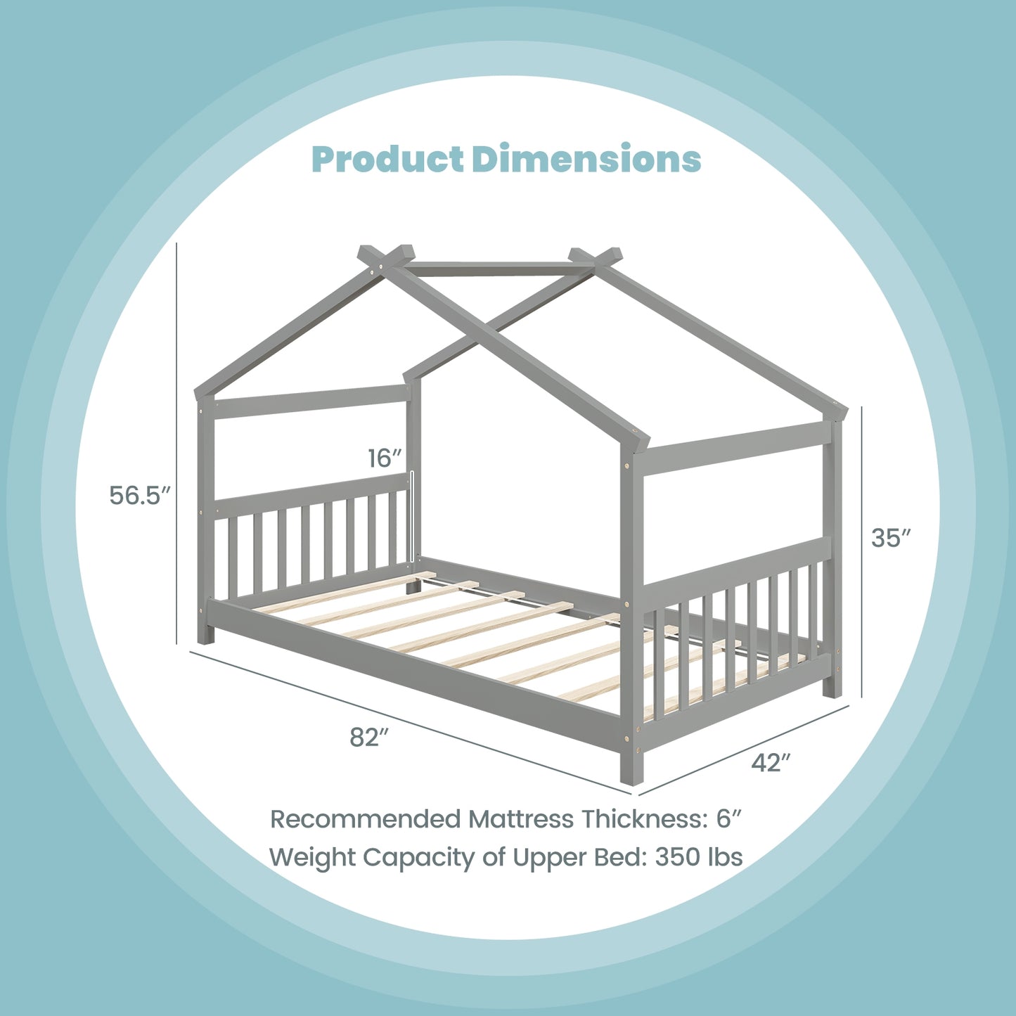 Twin Size Wooden House Bed with Roof and Playful Design for Kids – Grey