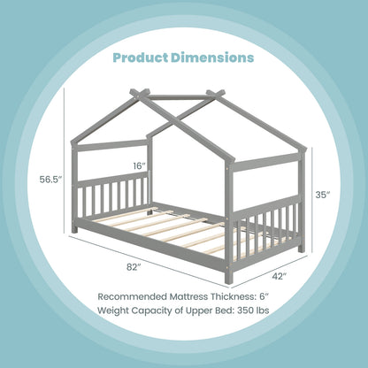 Twin Size Wooden House Bed with Roof and Playful Design for Kids – Grey