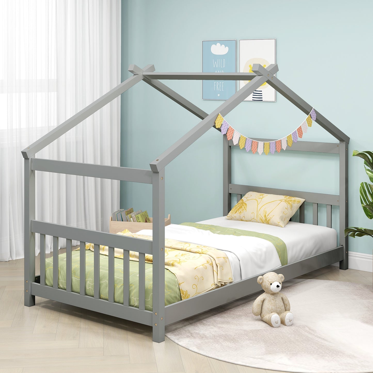 Twin Size Wooden House Bed with Roof and Playful Design for Kids – Grey