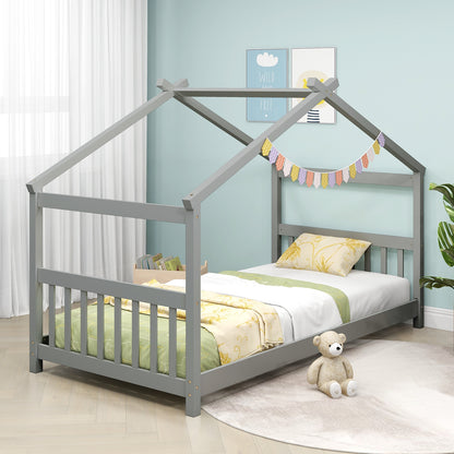 Twin Size Wooden House Bed with Roof and Playful Design for Kids – Grey
