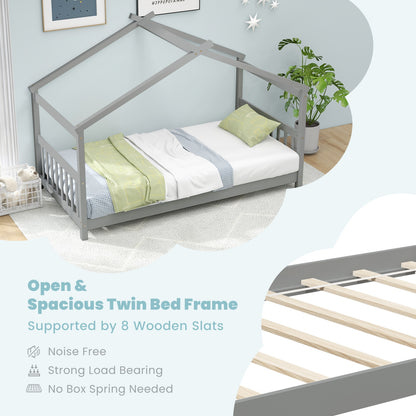 Twin Size Wooden House Bed with Roof and Playful Design for Kids – Grey
