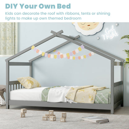 Twin Size Wooden House Bed with Roof and Playful Design for Kids – Grey