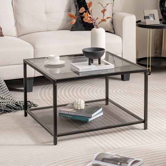 Contemporary 2-Tier Glass Coffee Table with Mesh Shelf - Grey