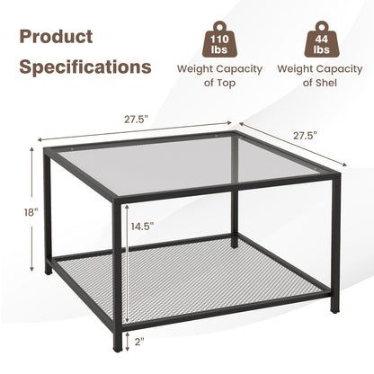Contemporary 2-Tier Glass Coffee Table with Mesh Shelf - Grey