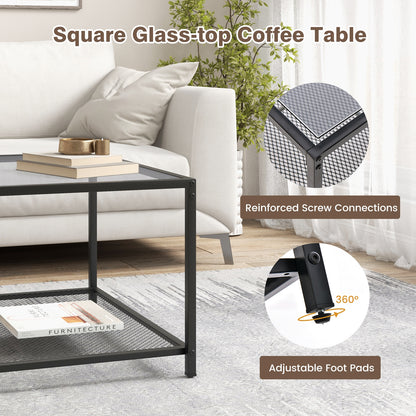 Contemporary 2-Tier Glass Coffee Table with Mesh Shelf - Grey