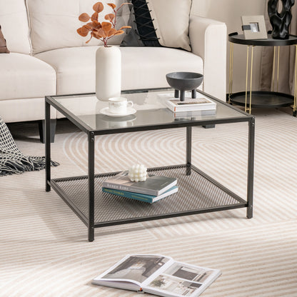 Contemporary 2-Tier Glass Coffee Table with Mesh Shelf - Transparent
