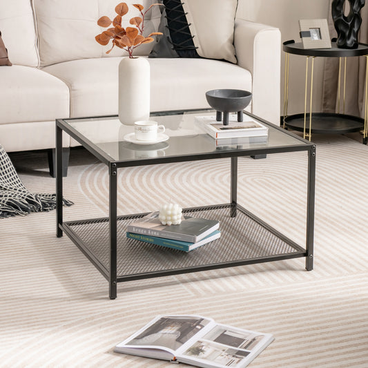 Contemporary 2-Tier Glass Coffee Table with Mesh Shelf - Transparent