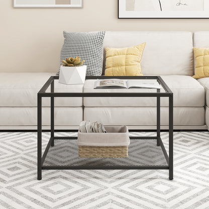 Contemporary 2-Tier Glass Coffee Table with Mesh Shelf - Transparent