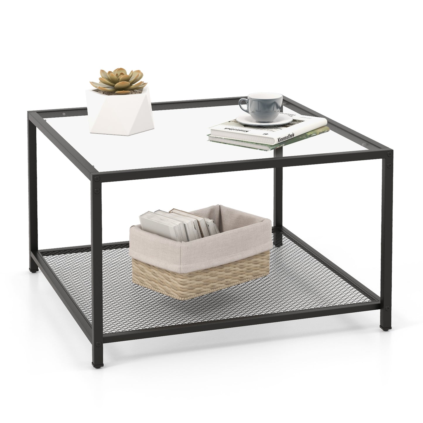 Contemporary 2-Tier Glass Coffee Table with Mesh Shelf - Transparent