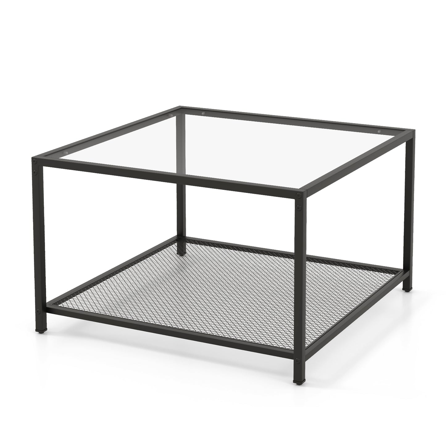 Contemporary 2-Tier Glass Coffee Table with Mesh Shelf - Transparent