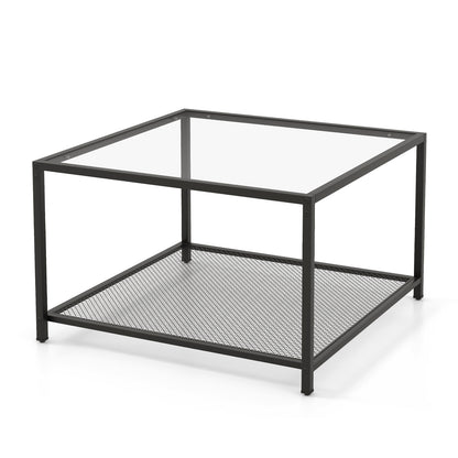 Contemporary 2-Tier Glass Coffee Table with Mesh Shelf - Transparent