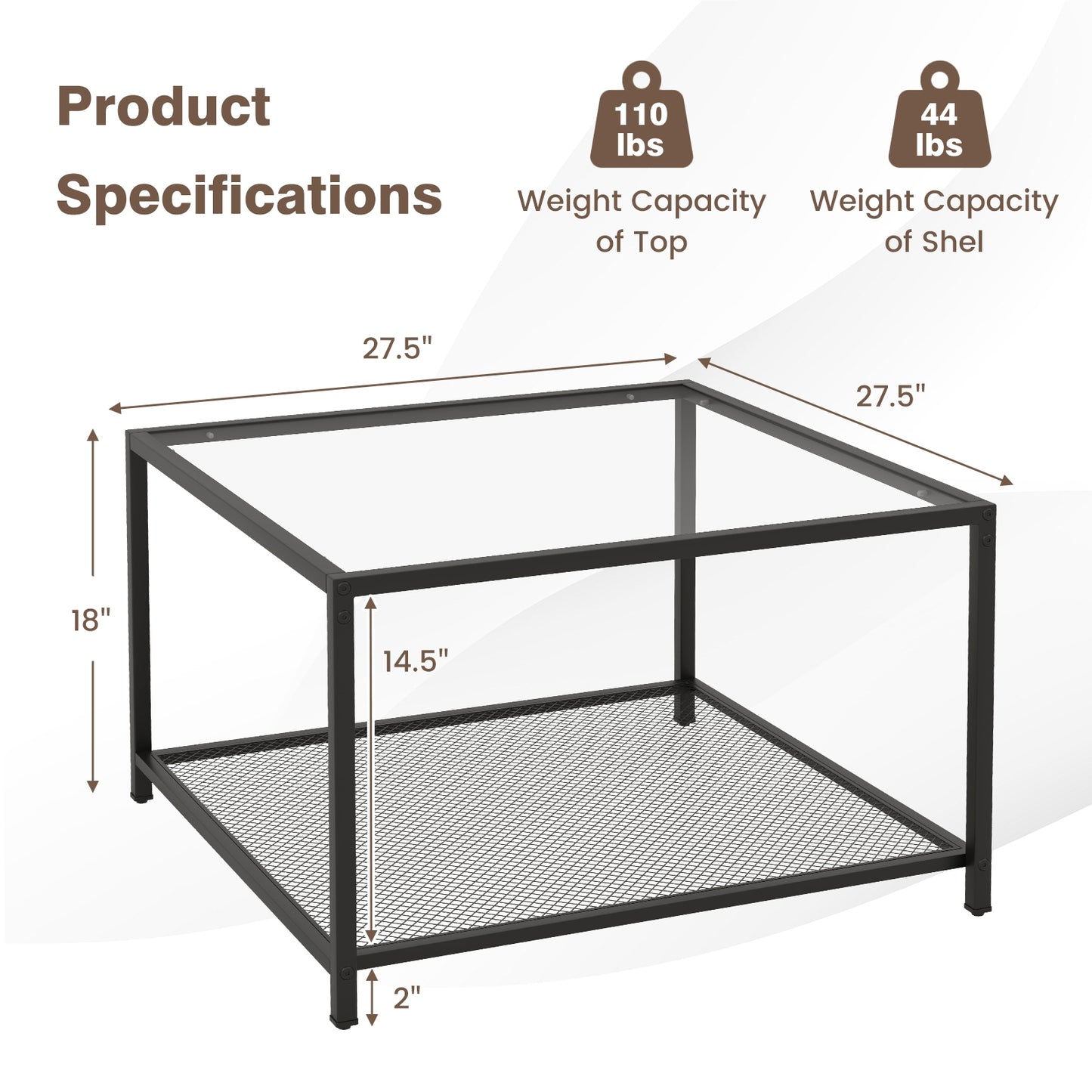Contemporary 2-Tier Glass Coffee Table with Mesh Shelf - Transparent