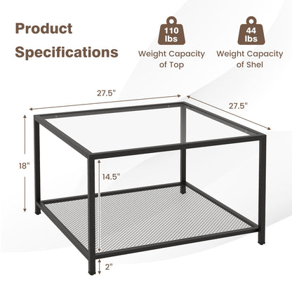 Contemporary 2-Tier Glass Coffee Table with Mesh Shelf - Transparent