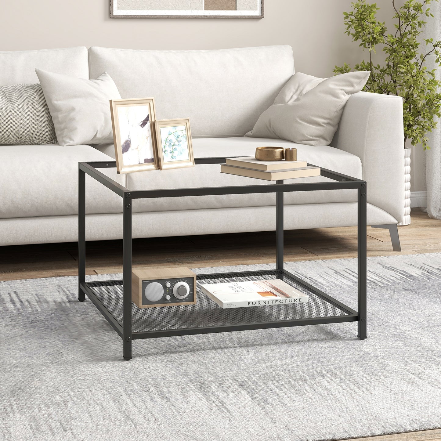 Contemporary 2-Tier Glass Coffee Table with Mesh Shelf - Transparent