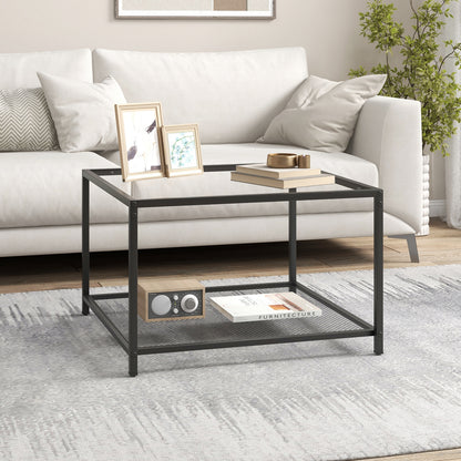 Contemporary 2-Tier Glass Coffee Table with Mesh Shelf - Transparent